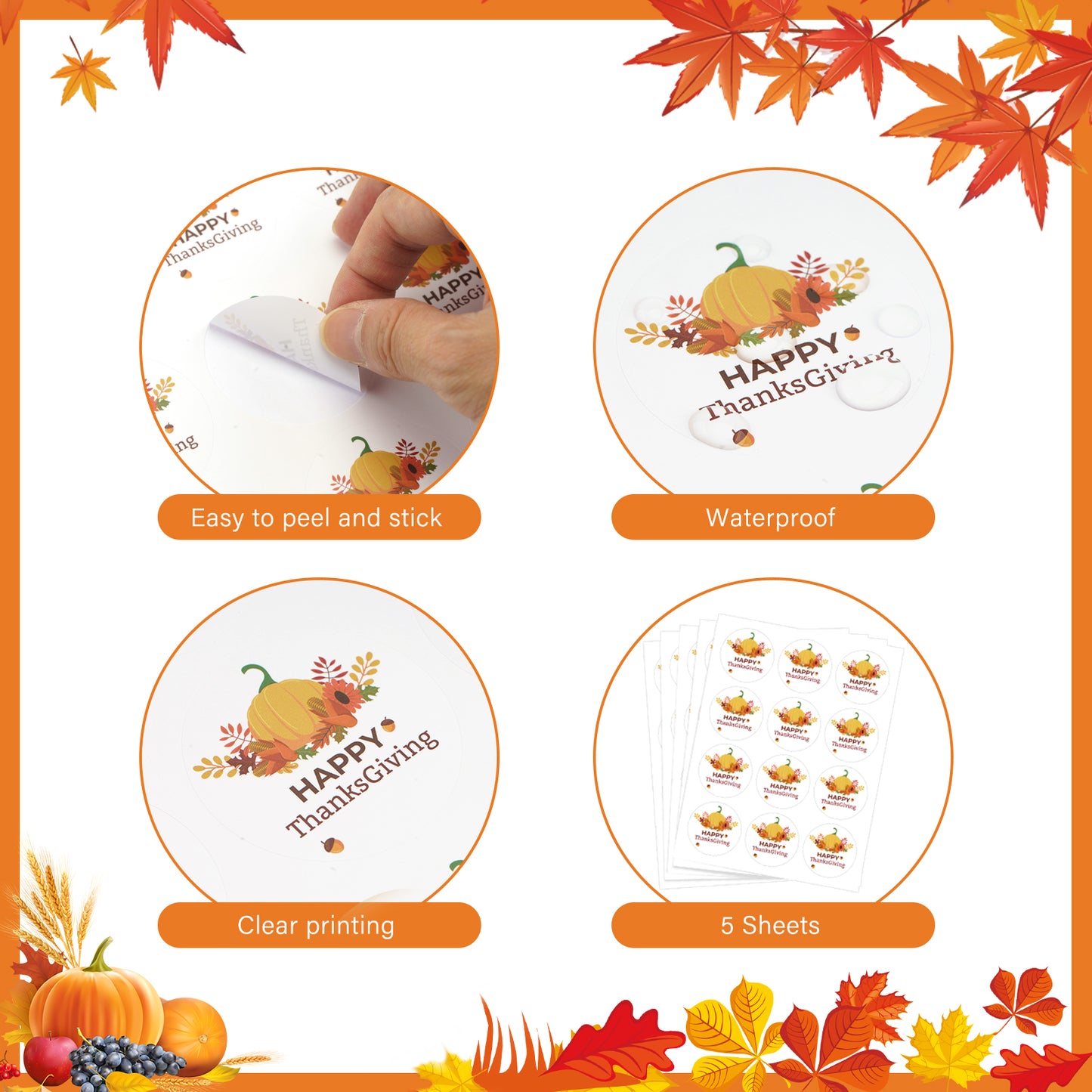 G2PLUS Thanksgiving Stickers, 60PCS Happy Thanksgiving Stickers, 2'' Round Thanksgiving Day Stickers, Fall Holiday Pumpkin Gift Sticker, Fall Theme Envelope Seals for Autumn Harvest Party Favors