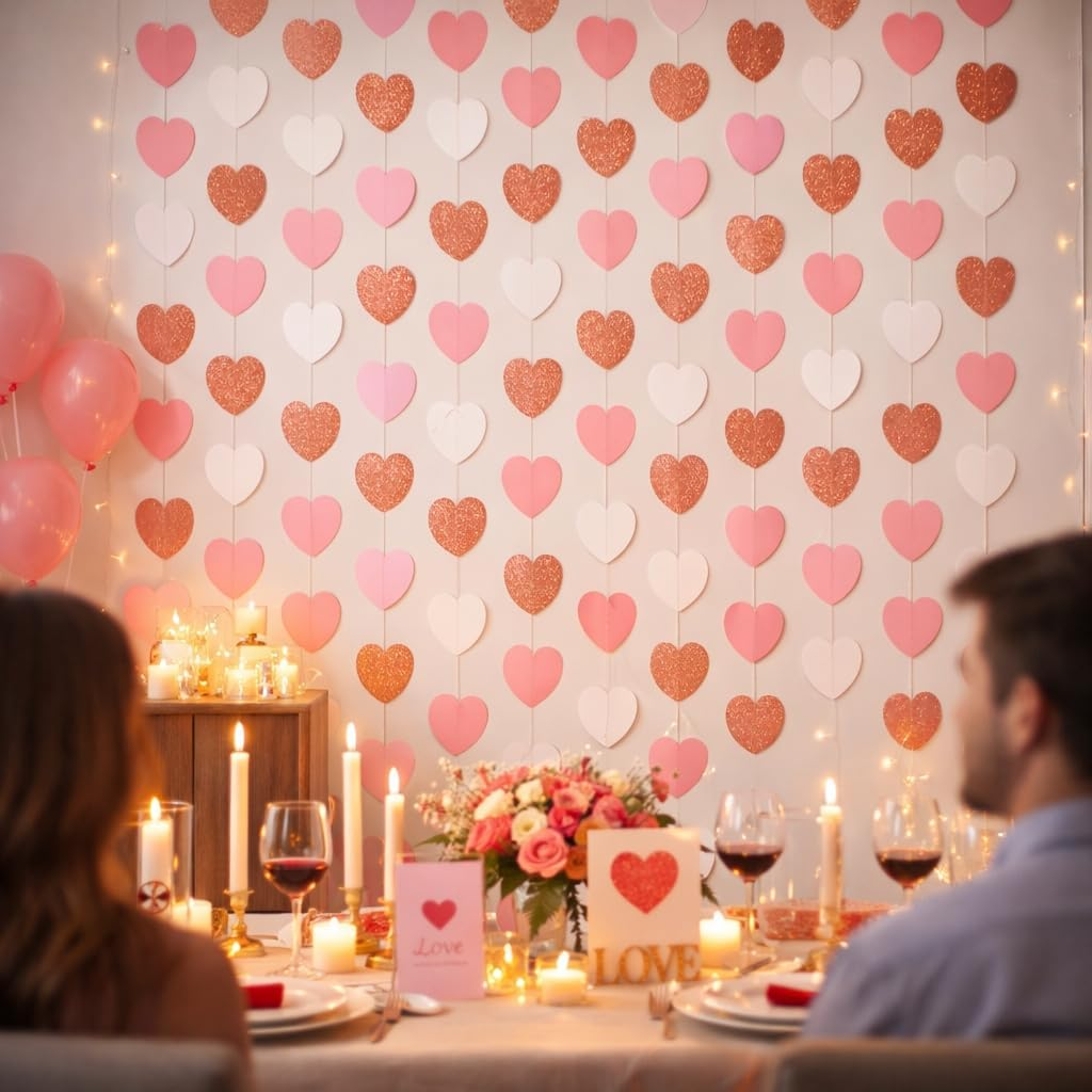 G2PLUS Glitter Paper Garland, Reflective Paper Garlands, Sparkling Hangings Streamer, Paper Garland Decoration for Birthday Wedding Graduation（Rose Gold White, 16m, Heart）