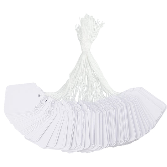 G2PLUS 500PCS Mini Strung Price Tags - White String Pricemarker Labels, 22x 35mm Tie on Paper Tags, Jewelry Marking Tags - Blank Gift Marking Labels with String for Jewelry Clothing Display