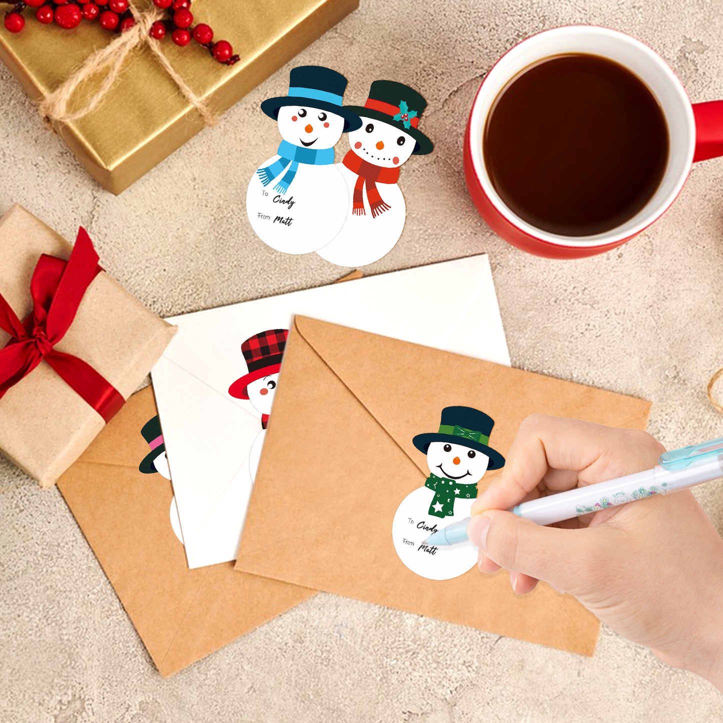 G2PLUS Christmas Gift Stickers, 120PCS Christmas Snowman Name Tags, 3x2 White Kraft Paper Christmas Gift Label Stickers, 6 Style Self-adhesive Xmas Snowman Tags Labels Envelope Seals for Gift Wrapping