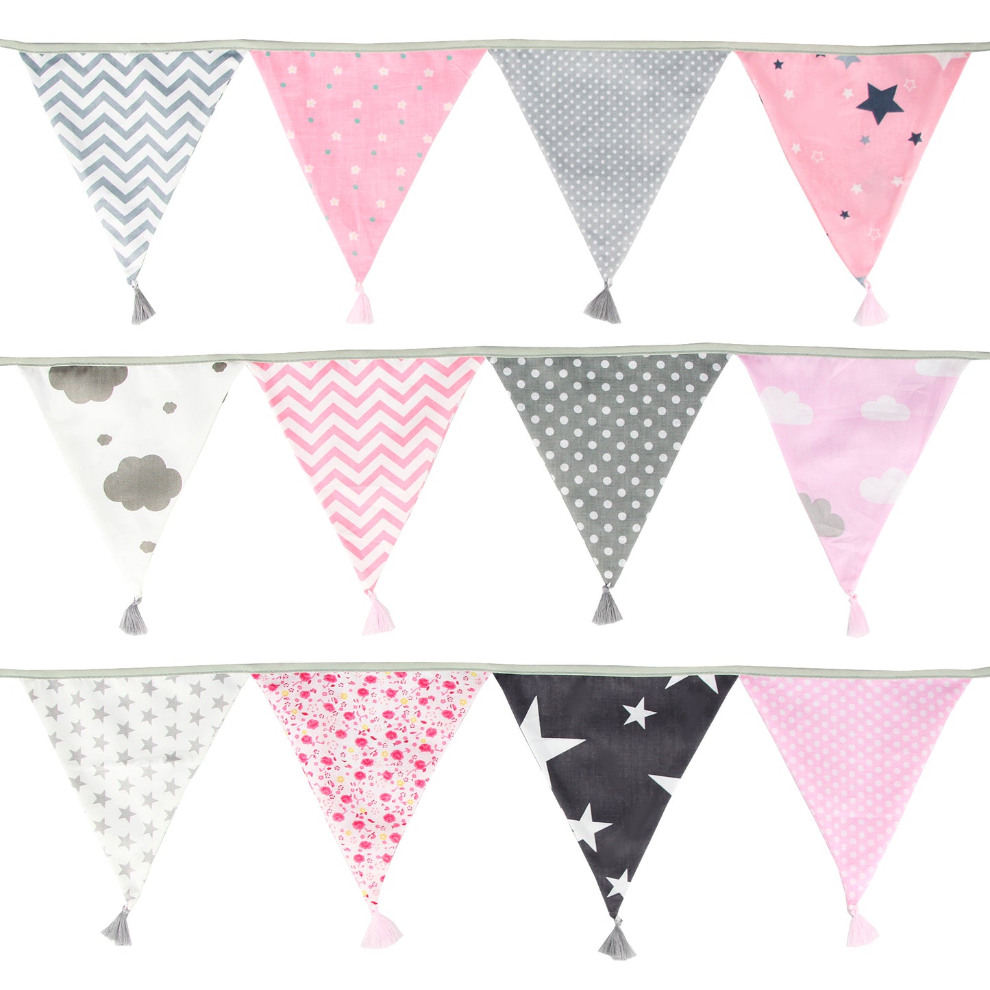 G2PLUS 10.8Ft Cotton Triangle Bunting Banner – 12pcs Pink and Grey Fabric Pennant Flag with Tassels, Double Side Triangle Banner Garland for Weddings, Birthdays, Garden & Baby Showers