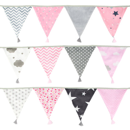 G2PLUS 10.8Ft Cotton Triangle Bunting Banner – 12pcs Pink and Grey Fabric Pennant Flag with Tassels, Double Side Triangle Banner Garland for Weddings, Birthdays, Garden & Baby Showers