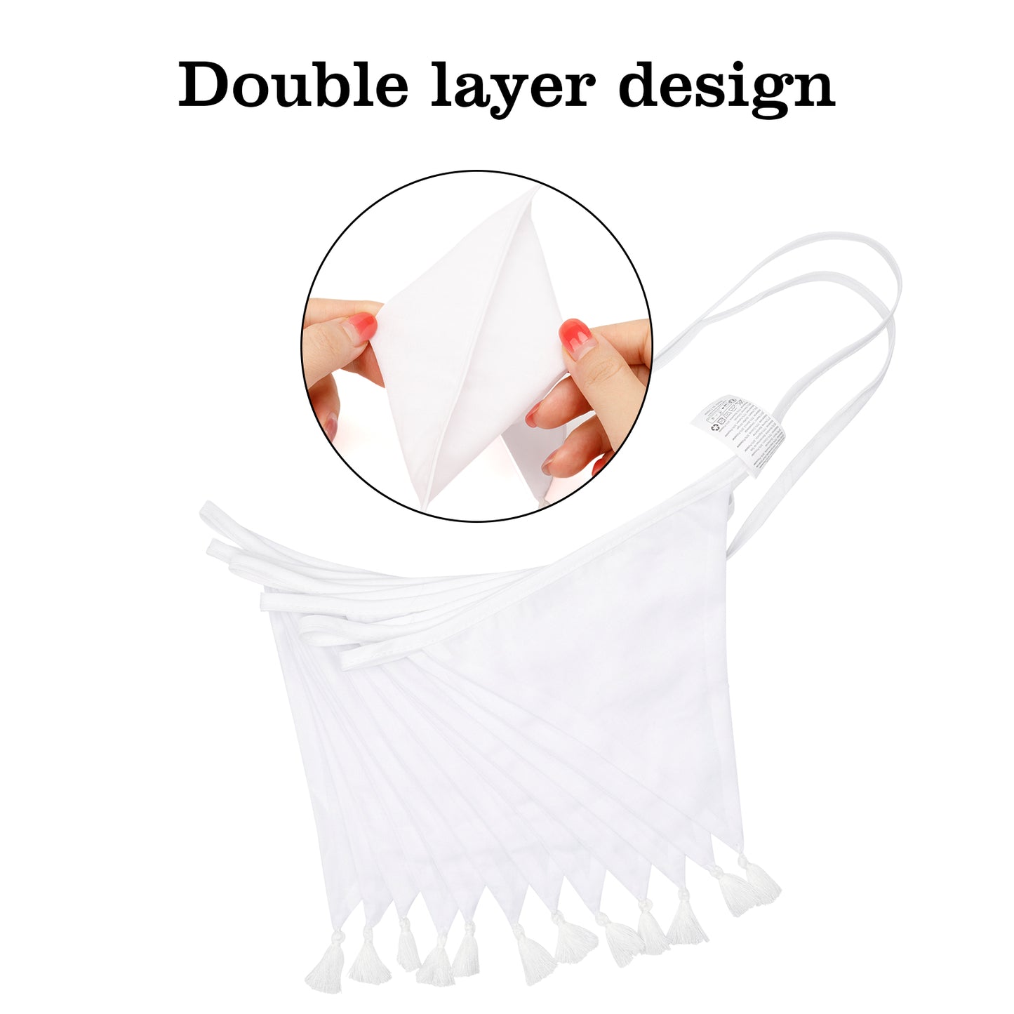 G2PLUS 10.8Ft Cotton Triangle Bunting Banner – 12pcs White Fabric Pennant Flag with Tassels, Double Side Triangle Banner Garland for Weddings, Birthdays, Garden & Baby Showers