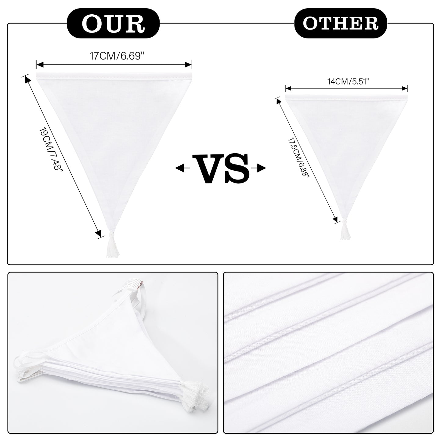 G2PLUS 10.8Ft Cotton Triangle Bunting Banner – 12pcs White Fabric Pennant Flag with Tassels, Double Side Triangle Banner Garland for Weddings, Birthdays, Garden & Baby Showers