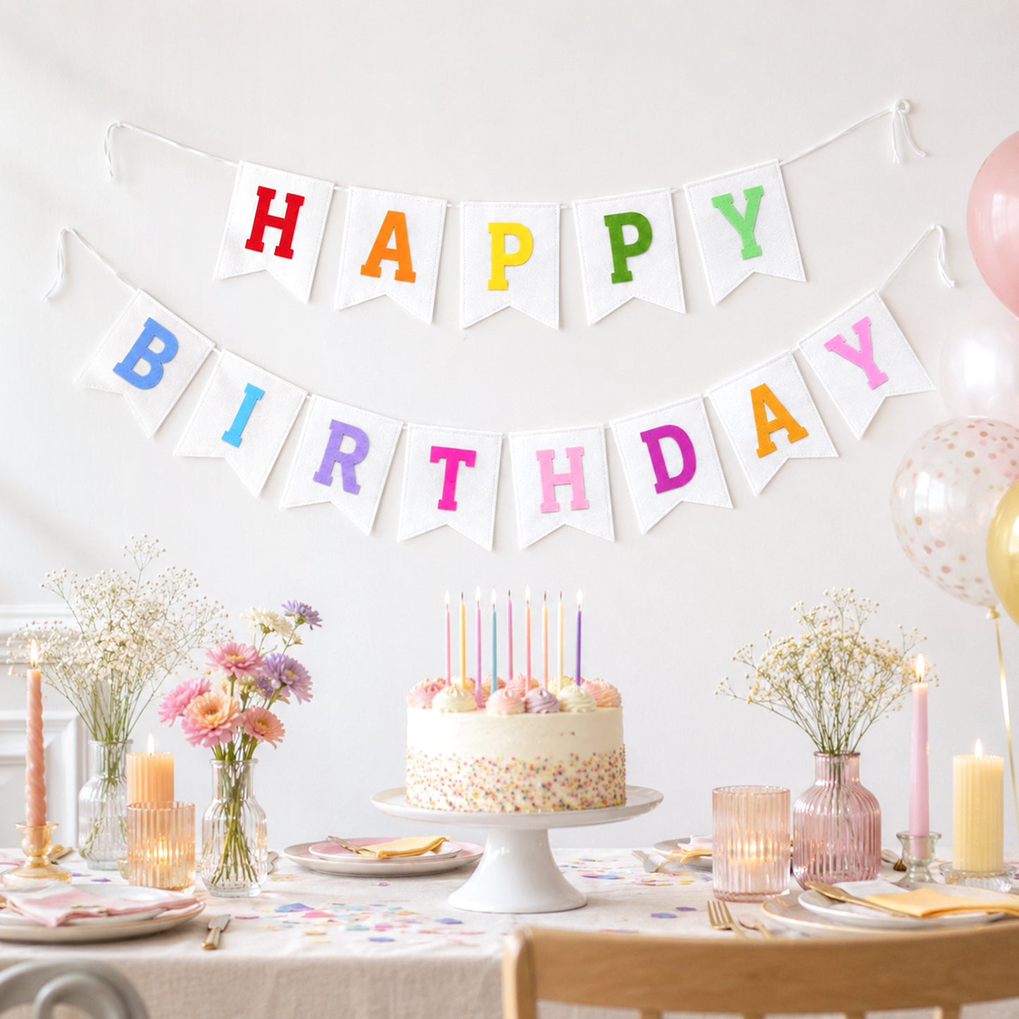 G2PLUS White Happy Birthday Bunting Felt: Pre-Strung Birthday Banner for Adults and Kids Birthday Party Decoration