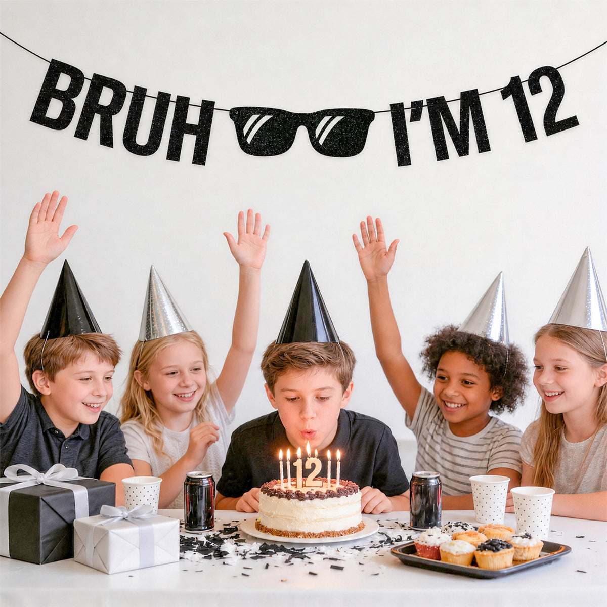 G2PLUS Pre-Strung 12th Birthday Banner, Glitter 12th Birthday Decorations Black Happy 12th Birthday Banner, 3m Bruh I'm 12 Banner, 12th Birthday Party Decorations for Boys