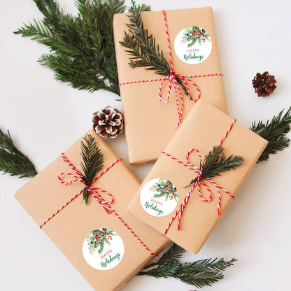 G2PLUS Happy Holiday Stickers, 120PCS Christmas Holiday Stickers, 2'' Round Holiday Gift Stickers, Holiday Season Gift Tag Stickers, Xmas Holly Berry Labels Winter Holiday Seasonal Envelope Seals