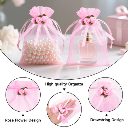 G2PLUS 30Pcs Rose Organza Bags 4x6 Inch-Pink Wedding Favor Bags, Sheer Mesh Jewelry Pouches with Drawstring for Bridal Shower, Baby Shower, Valentine's Day Party Favors