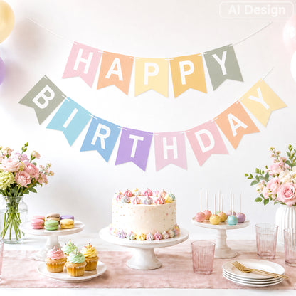 G2PLUS Pre-strung Happy Birthday Banner Pastel and White: 16 x 20 cm Large No-DIY Birthday Banner for Boys and Girls Birthday Party Decorations