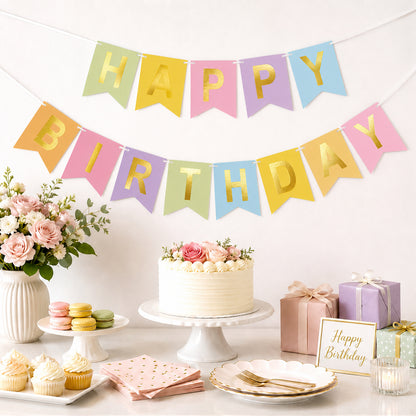 G2PLUS Pre-Strung Happy Birthday Banner Pastel and Gold: 16 x 20 cm Large No-DIY Birthday Banner for Boys Kids Birthday Party Decorations