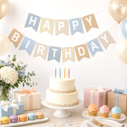 G2PLUS Pre-strung Happy Birthday Banner Beige and Blue: 16 x 20 cm Large No-DIY Birthday Banner for Boys and Girls Birthday Party Decorations
