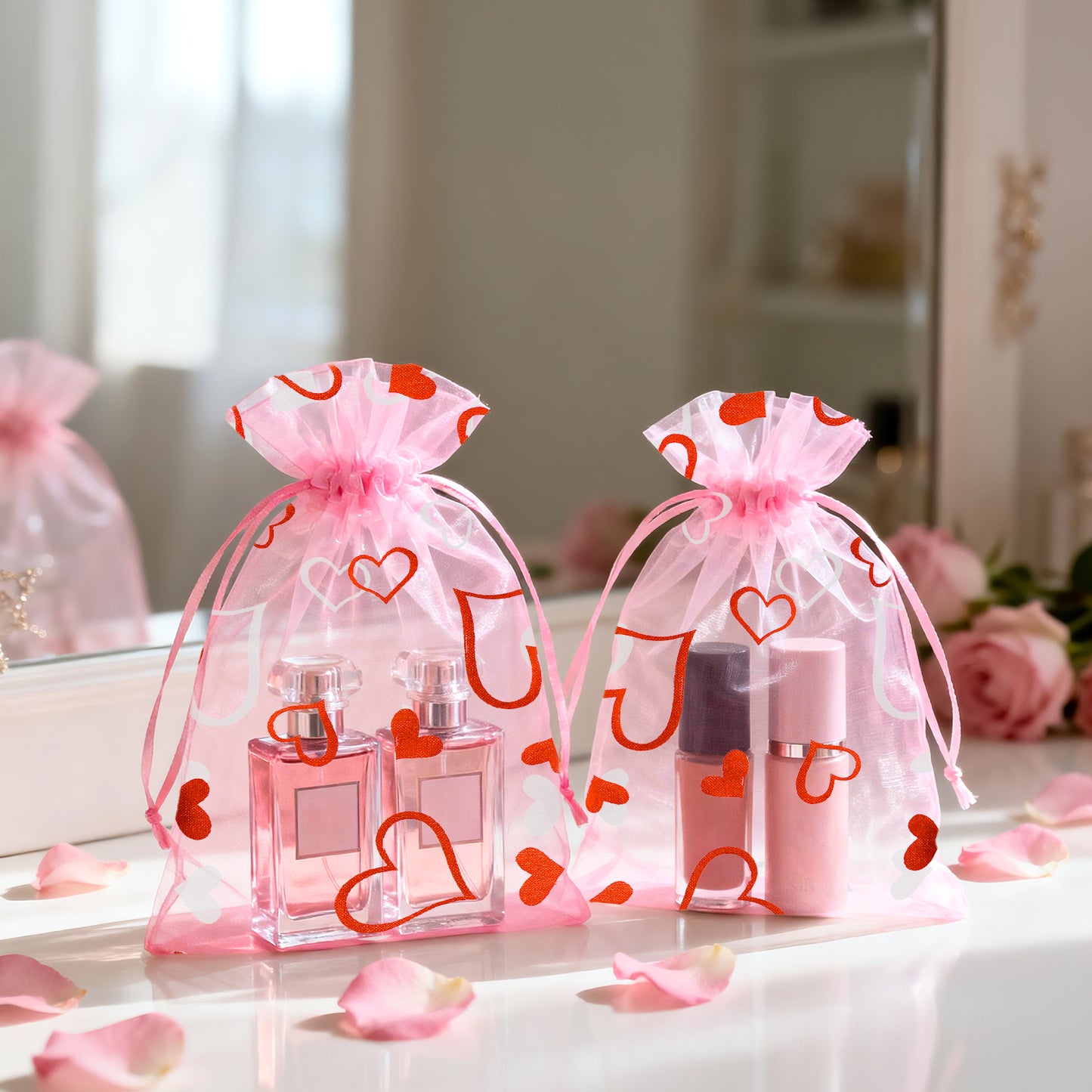 G2PLUS 50PCS Valentines Gift Bags Organza 5x7in, Pink Foil Heart Sheer Mesh Organza Pouches with Drawstring for Valentines Day Party Favors, Candy Gift Bags & Wedding Favors