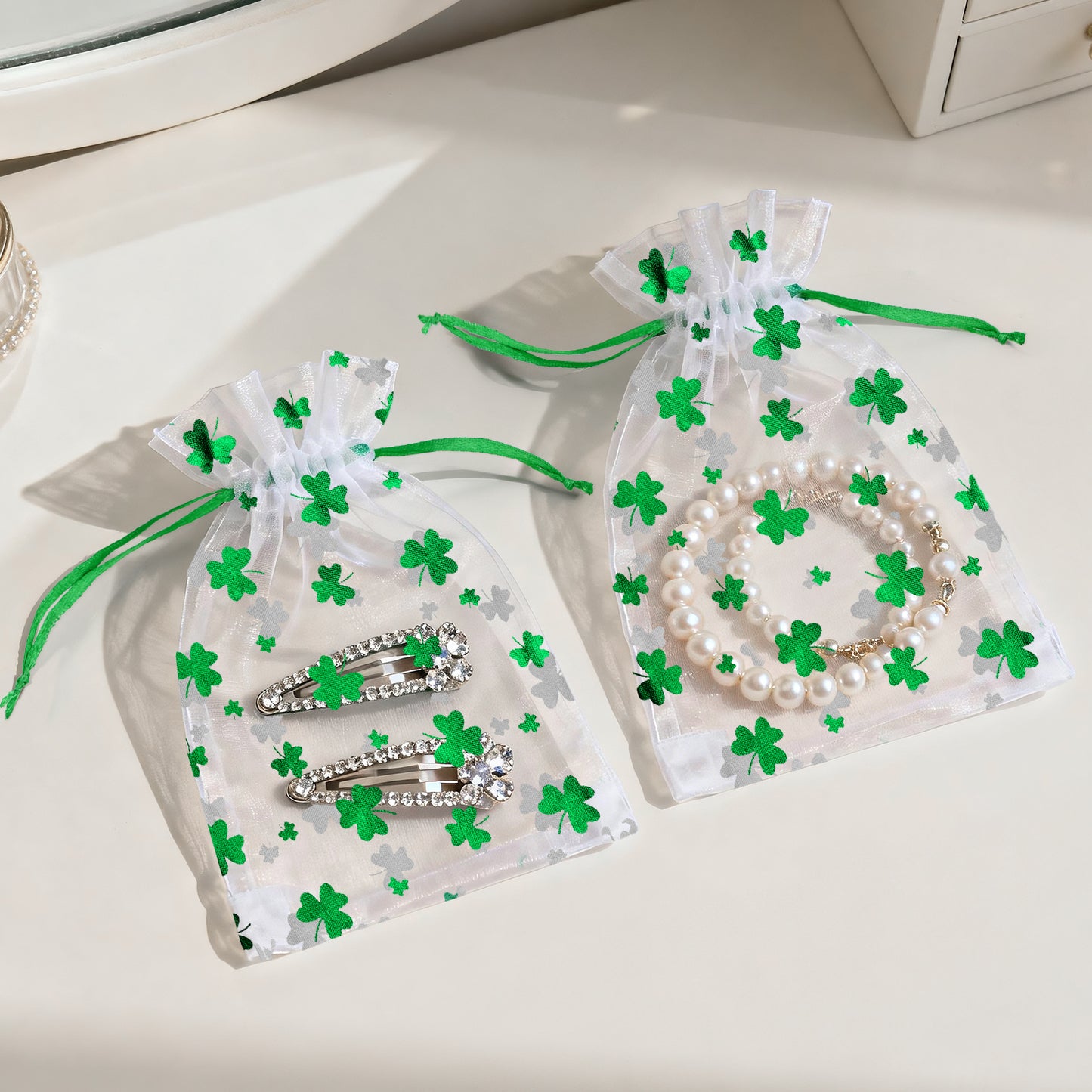 G2PLUS 50PCS St.Patrick's Day Gift Bags Organza 5x7in, Green Foil Shamrock Sheer Mesh Organza Pouches with Drawstring for St.Patrick's Day Party Favors, Candy Gift Bags & Wedding Favors