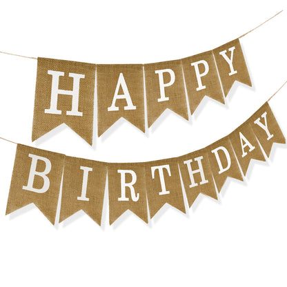 G2PLUS Happy Birthday Banners Burlap, Pre-Strung Happy Birthday Banner Sign, Rustic Happy Birthday Garland Bunting for Party Decorations, Reusable Hanging Backdrop for Cake Table