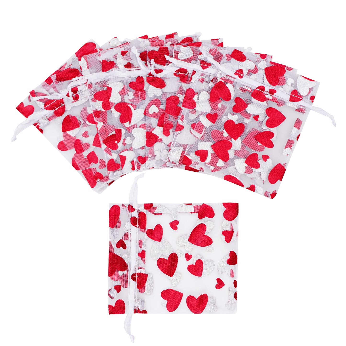 G2PLUS Heart Organza Bags, 3''x4'' Organza Gift Bags, 50PCS Drawstring Sheer Organza Gift Bags, Organza Mesh Jewelry Pouches, Candy Bags for Easter, Mother's Day, Wedding Party Favors (White Red)