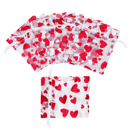 G2PLUS Heart Organza Bags, 3''x4'' Organza Gift Bags, 50PCS Drawstring Sheer Organza Gift Bags, Organza Mesh Jewelry Pouches, Candy Bags for Easter, Mother's Day, Wedding Party Favors (White Red)