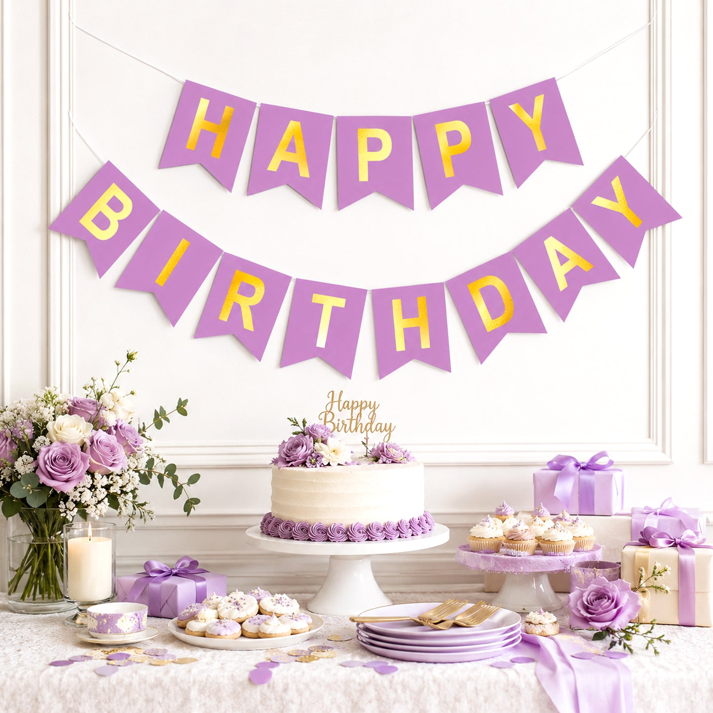 G2PLUS Pre-Strung Happy Birthday Banner Purple and Gold: 16 x 20 cm Large No-DIY Birthday Banner for Women Mom Birthday Party Decorations