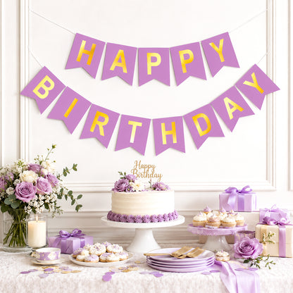 G2PLUS Pre-Strung Happy Birthday Banner Purple and Gold: 16 x 20 cm Large No-DIY Birthday Banner for Women Mom Birthday Party Decorations