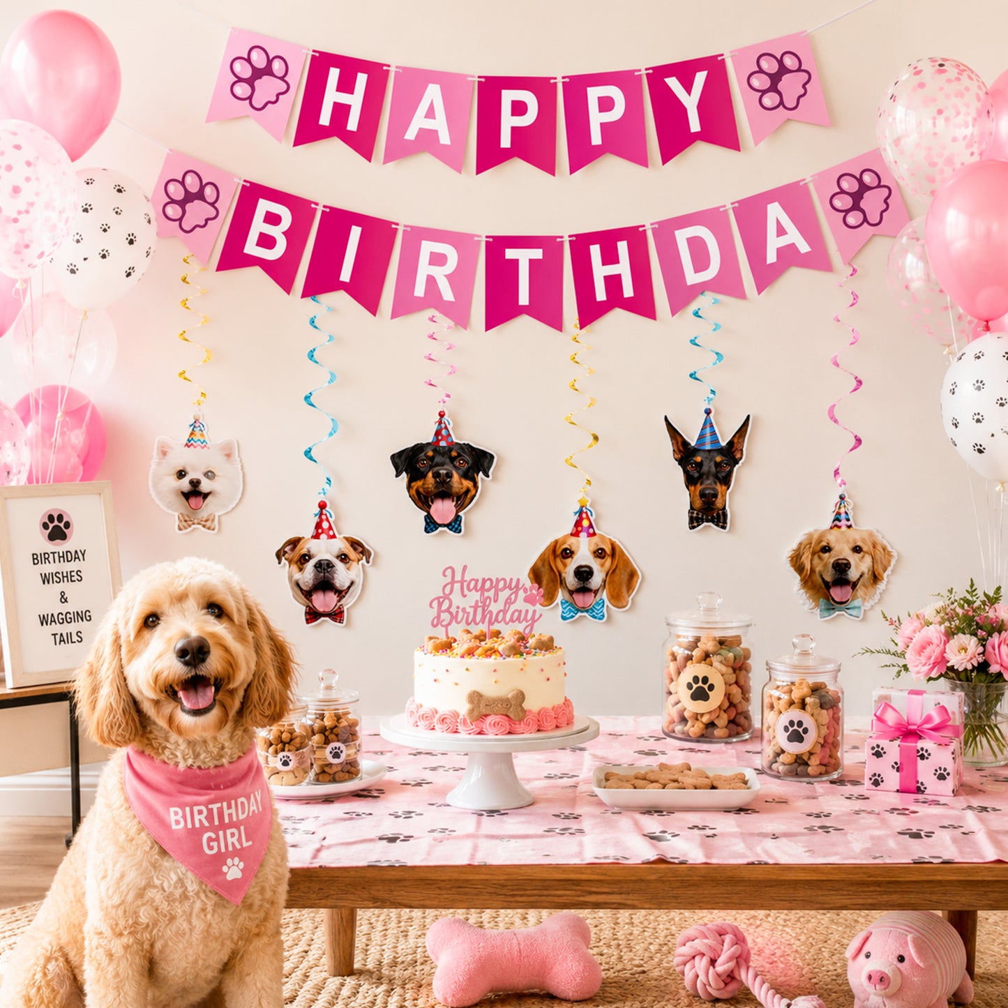 G2PLUS Pre-Strung Dog Birthday Decorations with 6PCS Hanging Swirl, Pink Dog Birthday Banner, Puppy Party Banner for Wall Backdrop Decoration