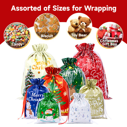 G2PLUS 20PCS Christmas Drawstring Gift Bags Assorted Sizes - 8 Designs Christmas Aluminum Foil Bags with Ribbon, Present Wrapping Pouches for Packages, Holidays, Birthday, Xmas Party Favors