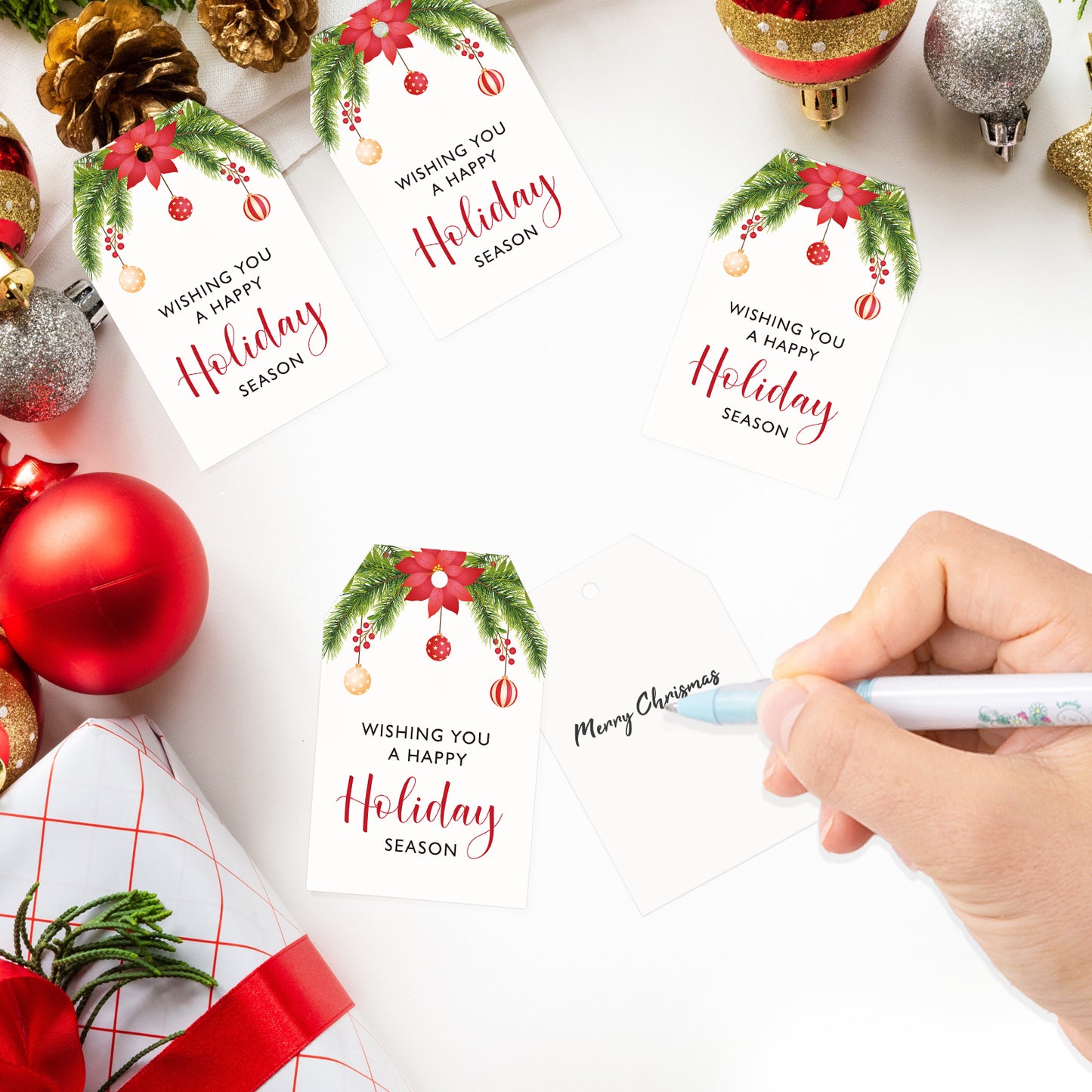 G2PLUS Holiday Season Gift Tags, 50PCS Wishing You A Happy Holiday Season Tags, Christmas Holiday Tags, Christmas Holiday Paper Gift Tags with String for Gift Wrapping, Seasonal Holiday Party Favors