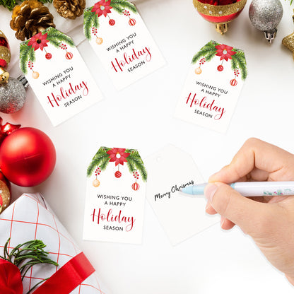 G2PLUS Holiday Season Gift Tags, 50PCS Wishing You A Happy Holiday Season Tags, Christmas Holiday Tags, Christmas Holiday Paper Gift Tags with String for Gift Wrapping, Seasonal Holiday Party Favors