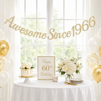 G2PLUS Pre-Strung 60th Birthday Banner, Glitter 60th Birthday Decorations Champagne Gold Happy 60th Birthday Banner, 3m Awesome Since 1966 Banner, 60th Birthday Party Decorations