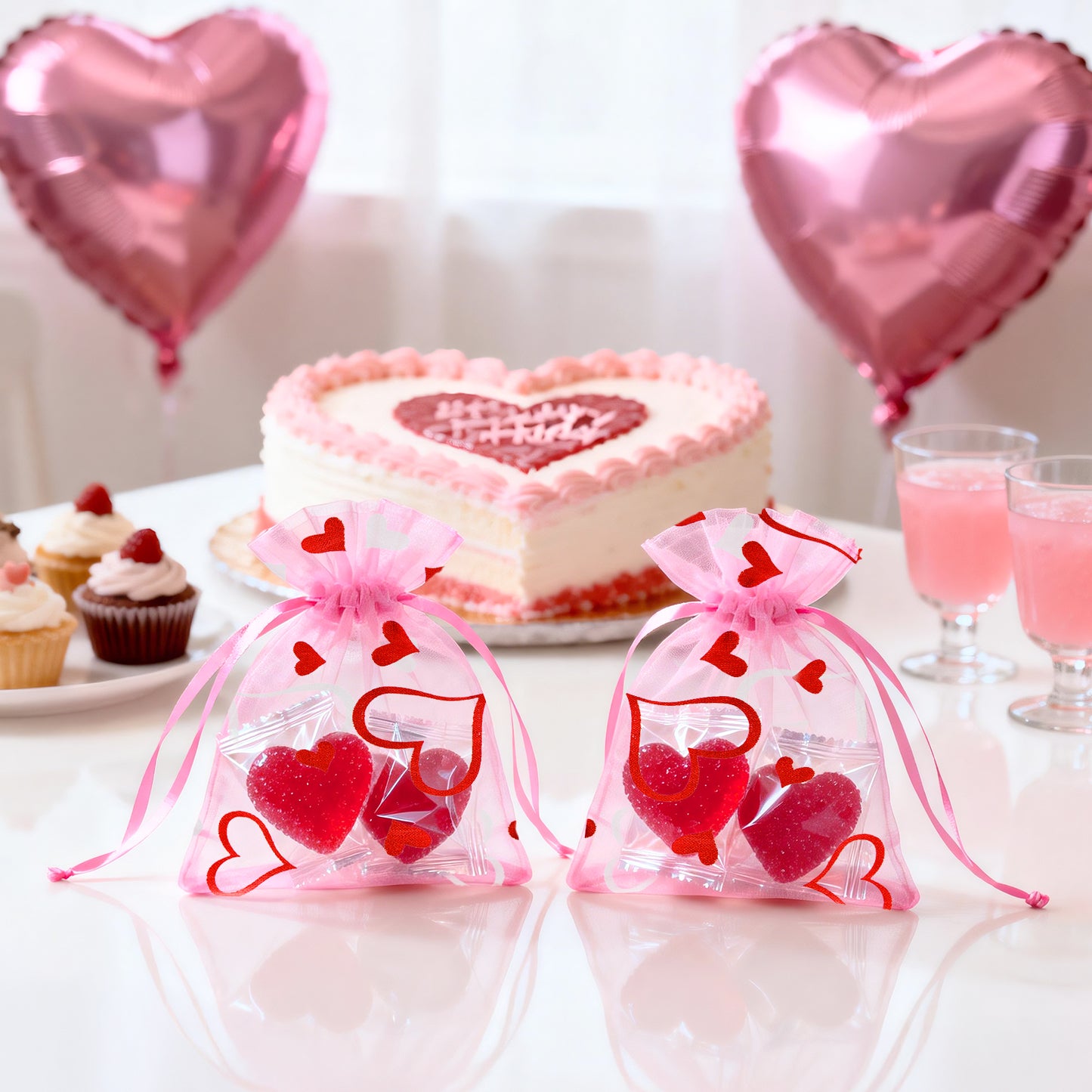 G2PLUS 50PCS Valentines Gift Bags Organza 3x4in, Pink Foil Heart Sheer Mesh Organza Pouches with Drawstring for Valentines Day Party Favors, Candy Gift Bags & Wedding Favors