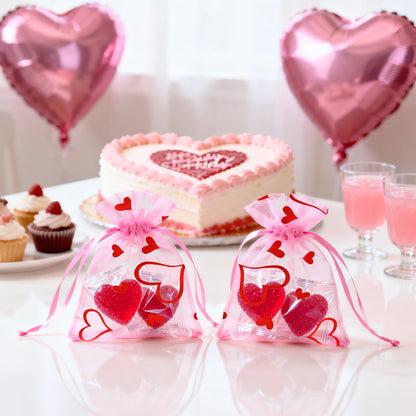 G2PLUS 50PCS Valentines Gift Bags Organza 3x4in, Pink Foil Heart Sheer Mesh Organza Pouches with Drawstring for Valentines Day Party Favors, Candy Gift Bags & Wedding Favors