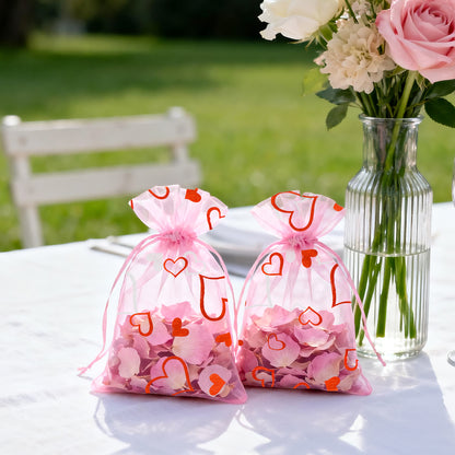 G2PLUS 50PCS Valentines Gift Bags Organza 4x6in, Pink Foil Heart Sheer Mesh Organza Pouches with Drawstring for Valentines Day Party Favors, Candy Gift Bags & Wedding Favors