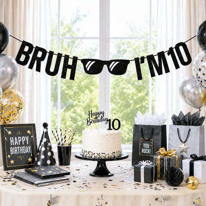 G2PLUS Pre-Strung 10th Birthday Banner,Glitter 10th Birthday Decorations Black Happy 10th Birthday Banner, 3m Bruh I'm 10 Banner, Double Digits 10th Birthday Decorations for Boys