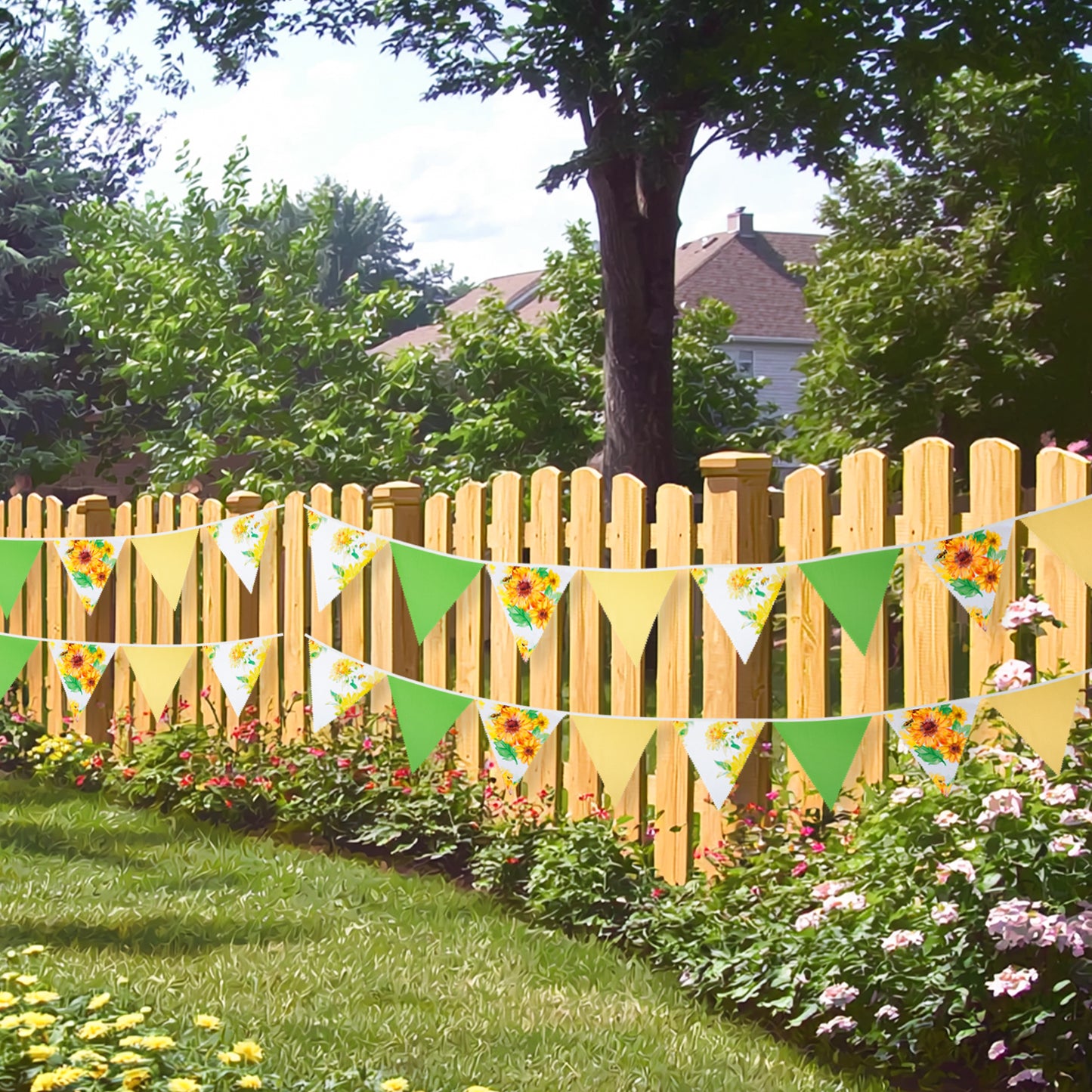G2PLUS 39Ft Triangle Bunting Banner, Yellow & Green Sunflower Garland Pennant Banner, Reusable Cotton Triangle Flags Party Decoration for Garden Party, Fall Decor & Outdoor Celebrations