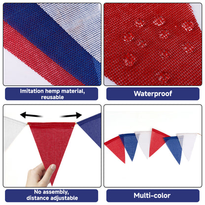 G2PLUS 39Ft Red White Blue Triangle Flag Bunting, 36Pcs Pre-Strung Burlap Pennant Banner, Patriotic Party Decorations for 4th of July, Independence, Memorial Day, Graduations, Labor Day, Graduation