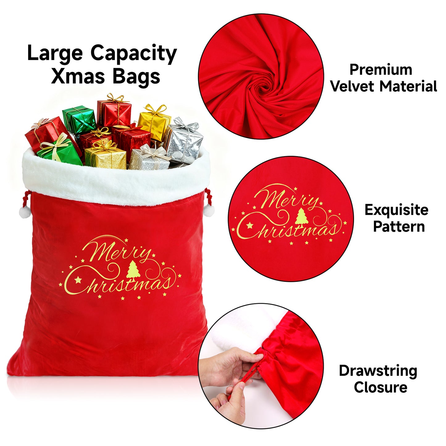 G2PLUS Large Velvet Santa Sack - 30x36 Inch Red Christmas Drawstring Gift Bags for Big Presents, Holiday Party Decor
