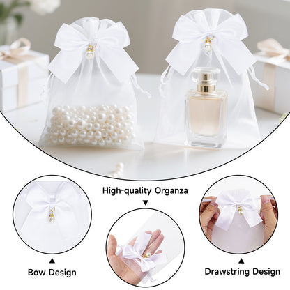 G2PLUS 30Pcs Organza Bags with Bow-4x6 In White Wedding Favor Bags Sheer Mesh Jewelry Pouches with Drawstring for Bridal Shower, Baby Shower, Valentine's Day Party Favors