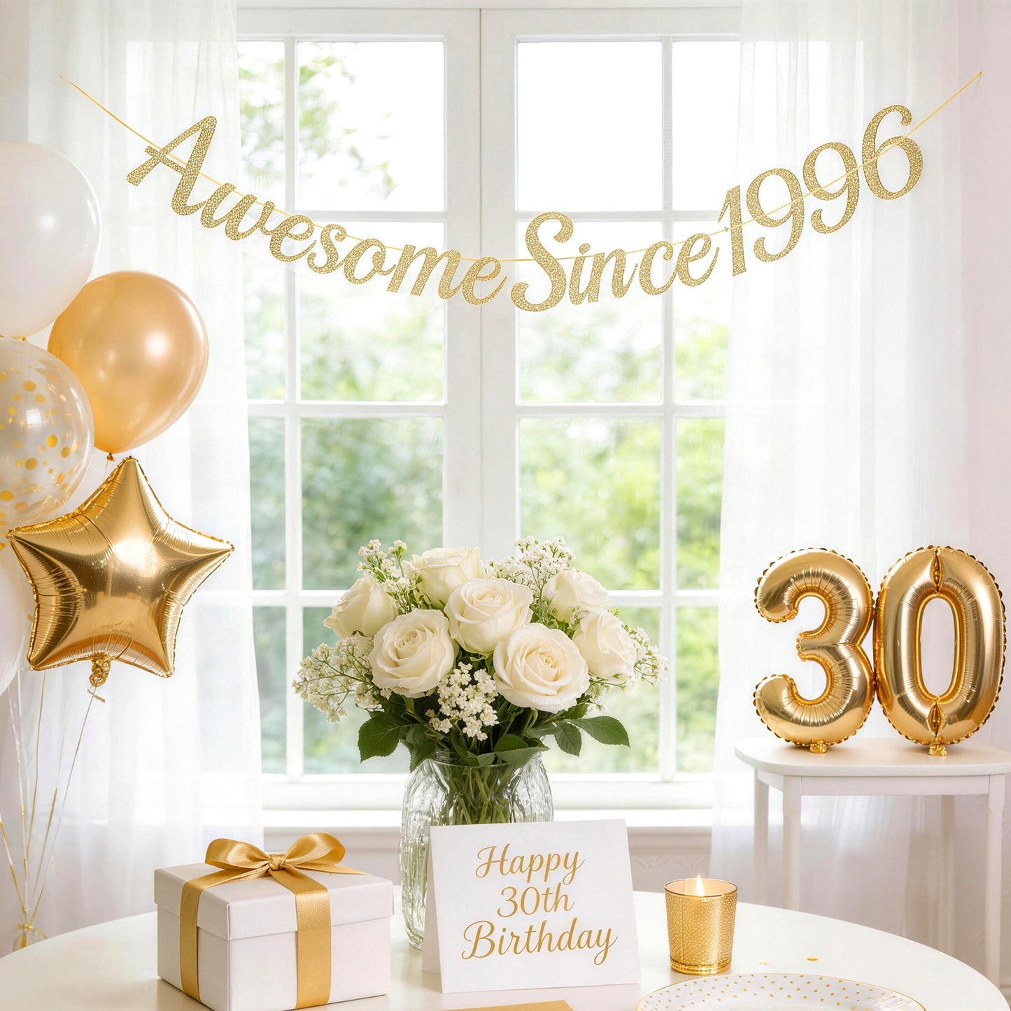 G2PLUS Pre-Strung 30th Birthday Banner, Glitter 30th Birthday Decorations Champagne Gold Happy 30th Birthday Banner, 3m Awesome Since 1996 Banner, 30th Birthday Party Decorations