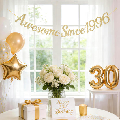 G2PLUS Pre-Strung 30th Birthday Banner, Glitter 30th Birthday Decorations Champagne Gold Happy 30th Birthday Banner, 3m Awesome Since 1996 Banner, 30th Birthday Party Decorations