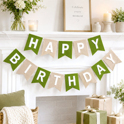 G2PLUS Sage Green and Brown Happy Birthday Bunting Felt: Pre-Strung Birthday Banner for Boys, Men, Adults and Kids Birthday Party Decoration