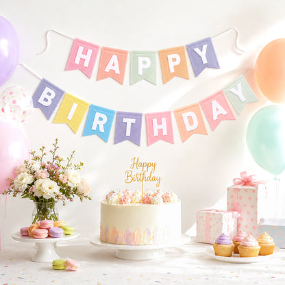 G2PLUS Pastel Happy Birthday Bunting Felt: Pre-Strung Birthday Banner for Boys, Girls, Adults and Kids Birthday Party Decoration