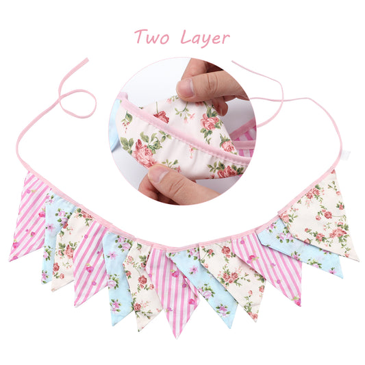 G2PLUS Double Sided Fabric Bunting Banner -12PCS Pink Fabric Bunting Nursery - 3.3M Cotton Triangle Pennants for Decorating Girls Bedroom Birthday Parties
