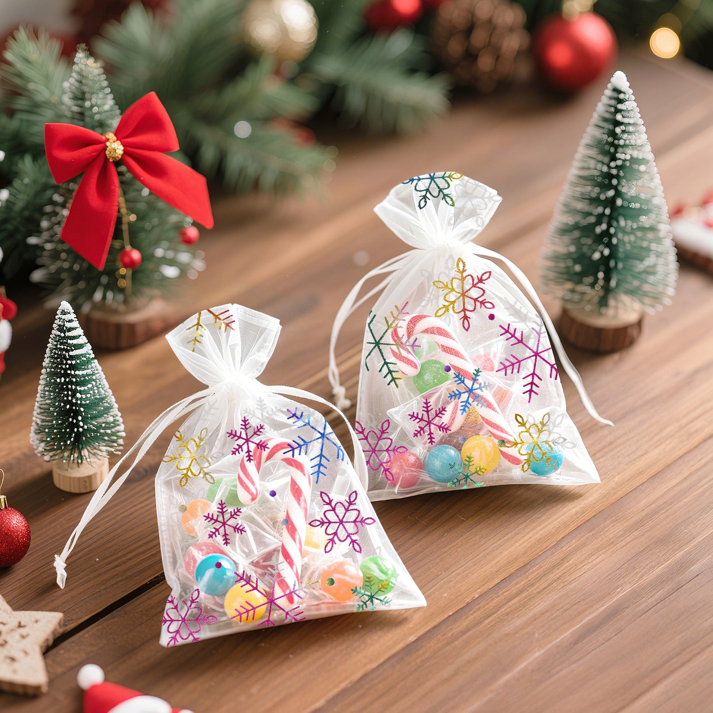 G2PLUS 50Pcs Christmas Drawstring Organza Bags 4x6 - Christmas Snowflake Organza Gift Bags, Colored Sheer Mesh Pouches, Xmas Winter Holiday Gift Wrap Pouches for Jewelry, Candy, Goodies