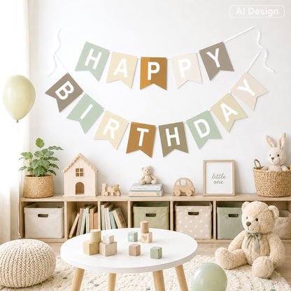 G2PLUS Pre-strung Happy Birthday Banner Beige and Sage Green: 16 x 20 cm Large No-DIY Birthday Banner for Bear, Woodland Theme Birthday Party Decorations