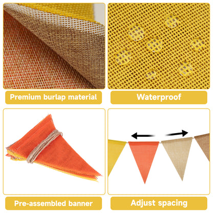G2PLUS Pre-Strung Burlap Pennant Banner, 39Ft Orange Yellow Triangle Flag Bunting, 36pcs Pennant Banner Flags Garland for Fall, Thanksgiving, Farmhouse and Party Decor