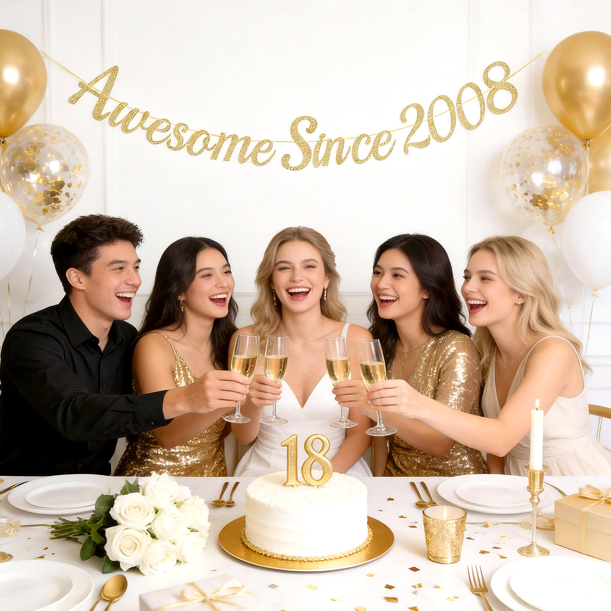 G2PLUS Pre-Strung 18th Birthday Banner, Glitter 18th Birthday Decorations Champagne Gold Happy 18th Birthday Banner, 3m Awesome Since 2008 Banner, 18th Birthday Party Decorations