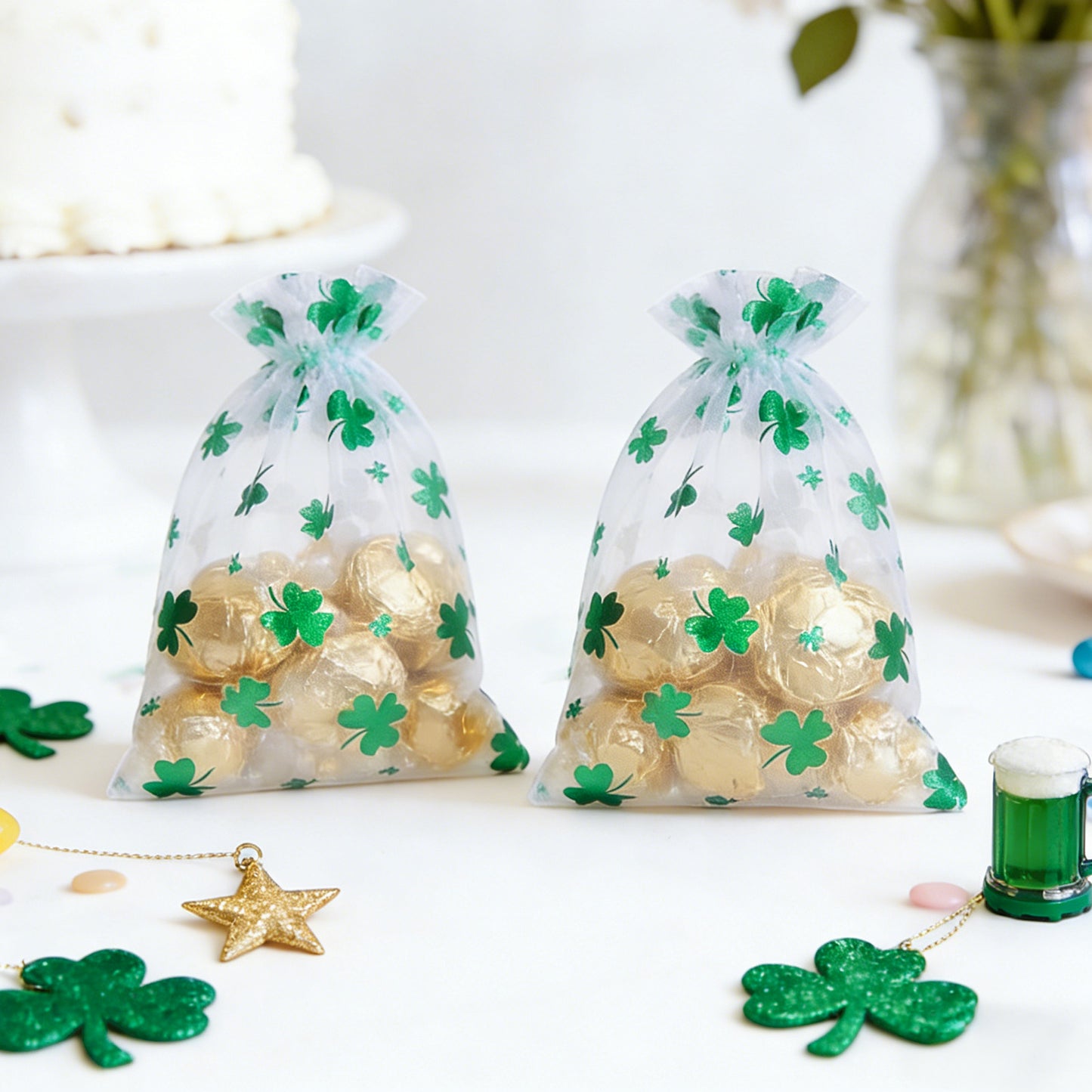 G2PLUS 50PCS St.Patrick's Day Gift Bags Organza 4x6in, Green Foil Shamrock Sheer Mesh Organza Pouches with Drawstring for St.Patrick's Day Party Favors, Candy Gift Bags & Wedding Favors