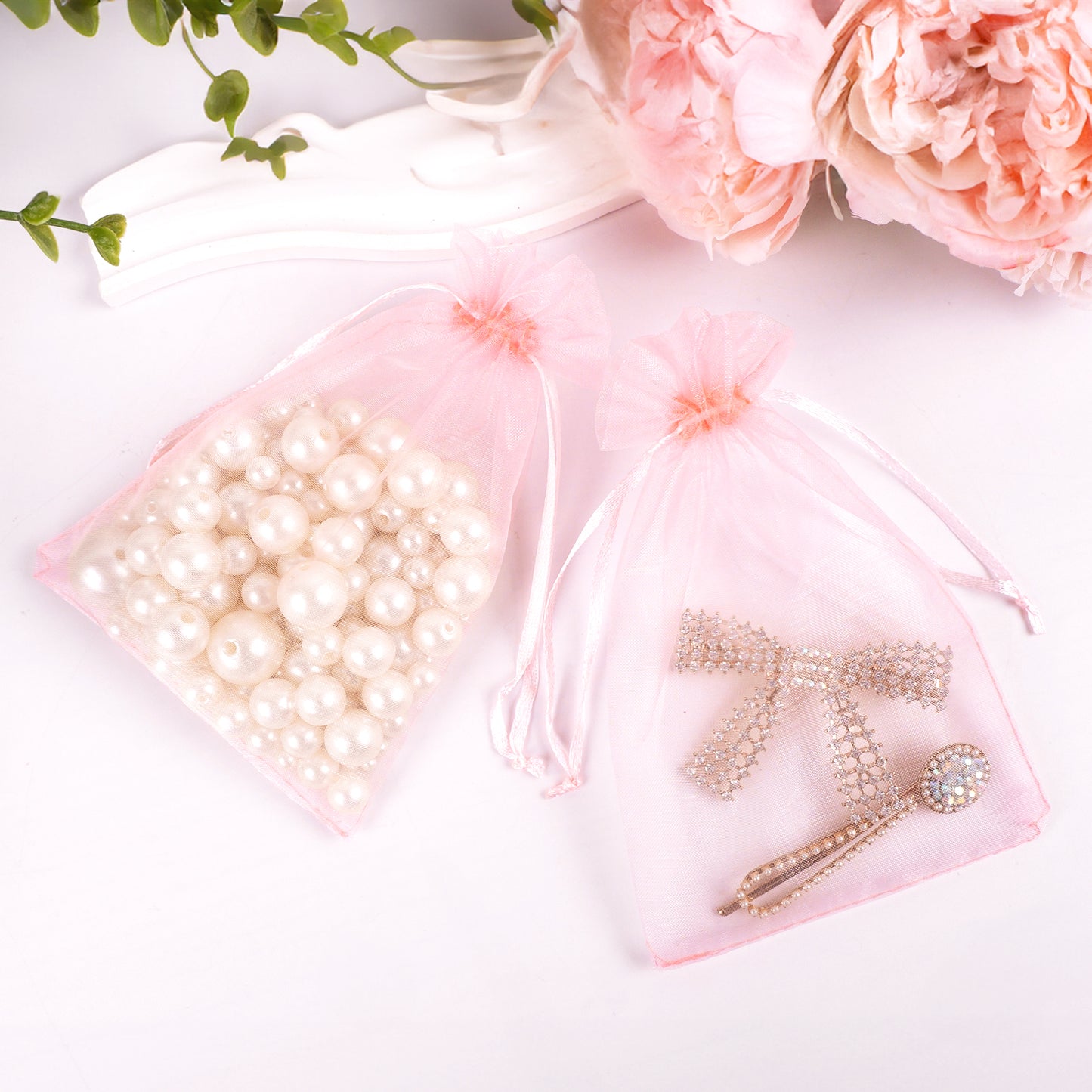 G2PLUS 25PCS Blush Pink Organza Bags 5x7 inches - Drawstring Organza Bags, Candy Gift Wrap Pouches for Baby Shower, Birthday, Wedding Party Favors