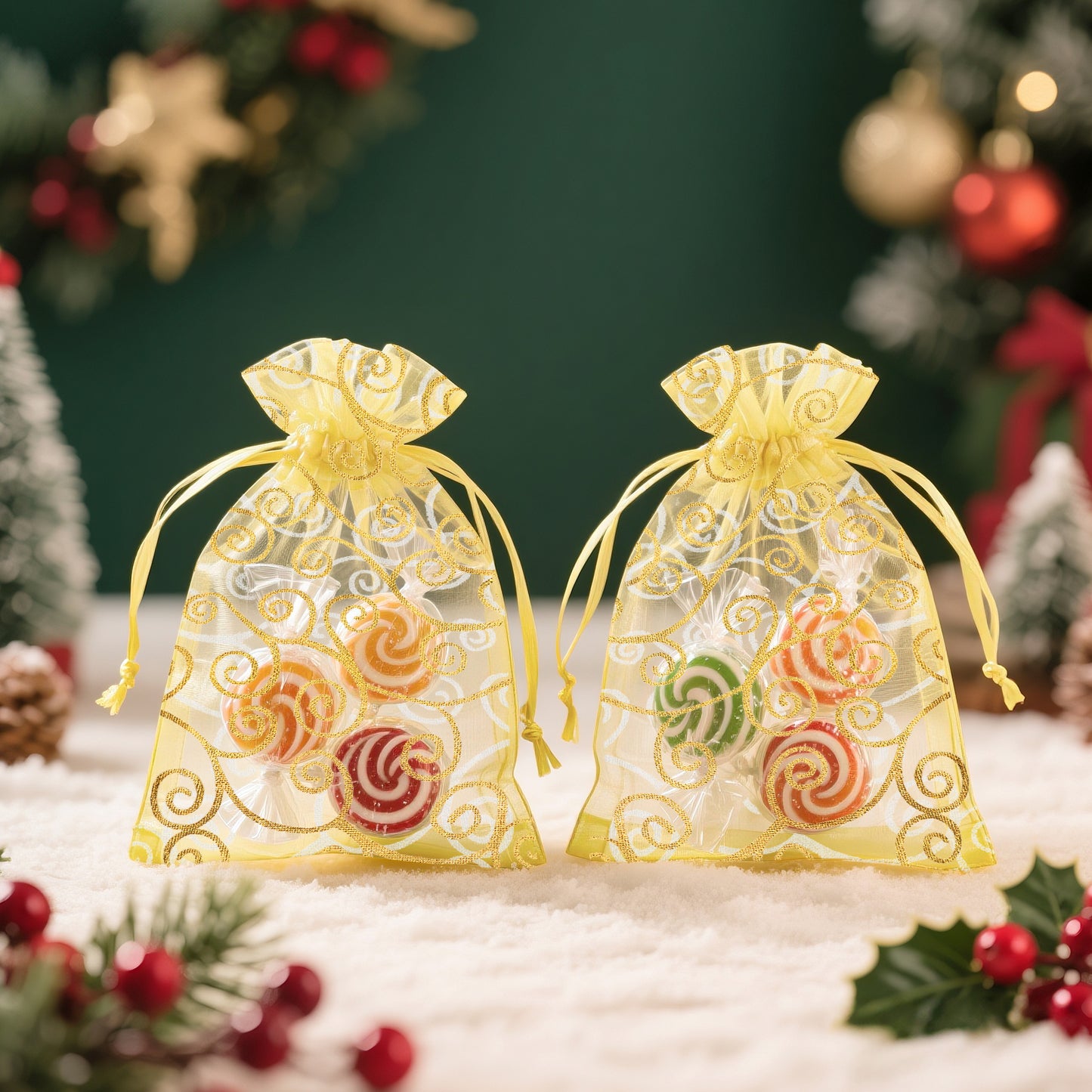 G2PLUS Organza Gift Bags 4x6 Inches - 50Pcs Sheer Mesh Organza Bags with Gold Rattan Printed, Drawstring Tulle Jewelry Pouches for Wedding, Christmas Party Favors