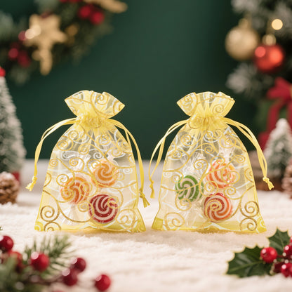 G2PLUS Organza Gift Bags 4x6 Inches - 50Pcs Sheer Mesh Organza Bags with Gold Rattan Printed, Drawstring Tulle Jewelry Pouches for Wedding, Christmas Party Favors