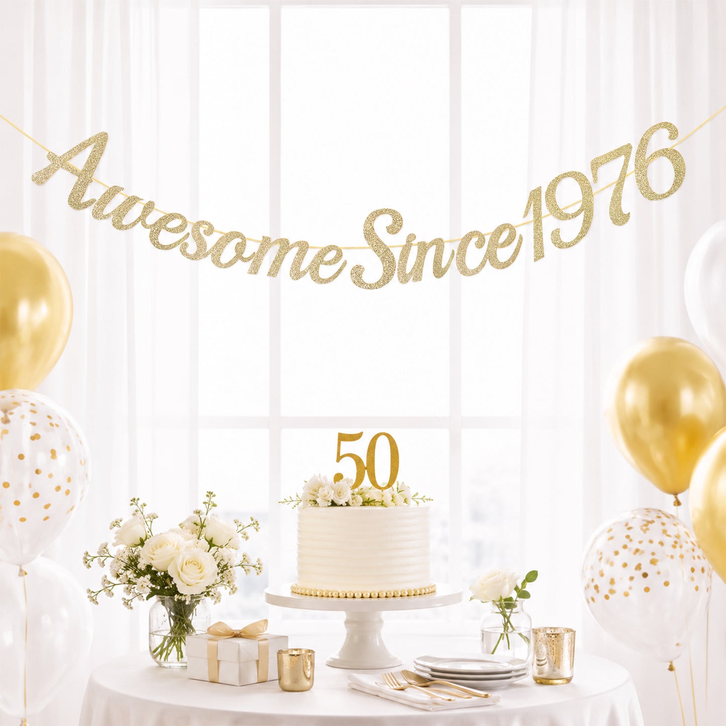 G2PLUS Pre-Strung 50th Birthday Banner, Glitter 50th Birthday Decorations Champagne Gold Happy 50th Birthday Banner, 3m Awesome Since 1976 Banner, 50th Birthday Party Decorations