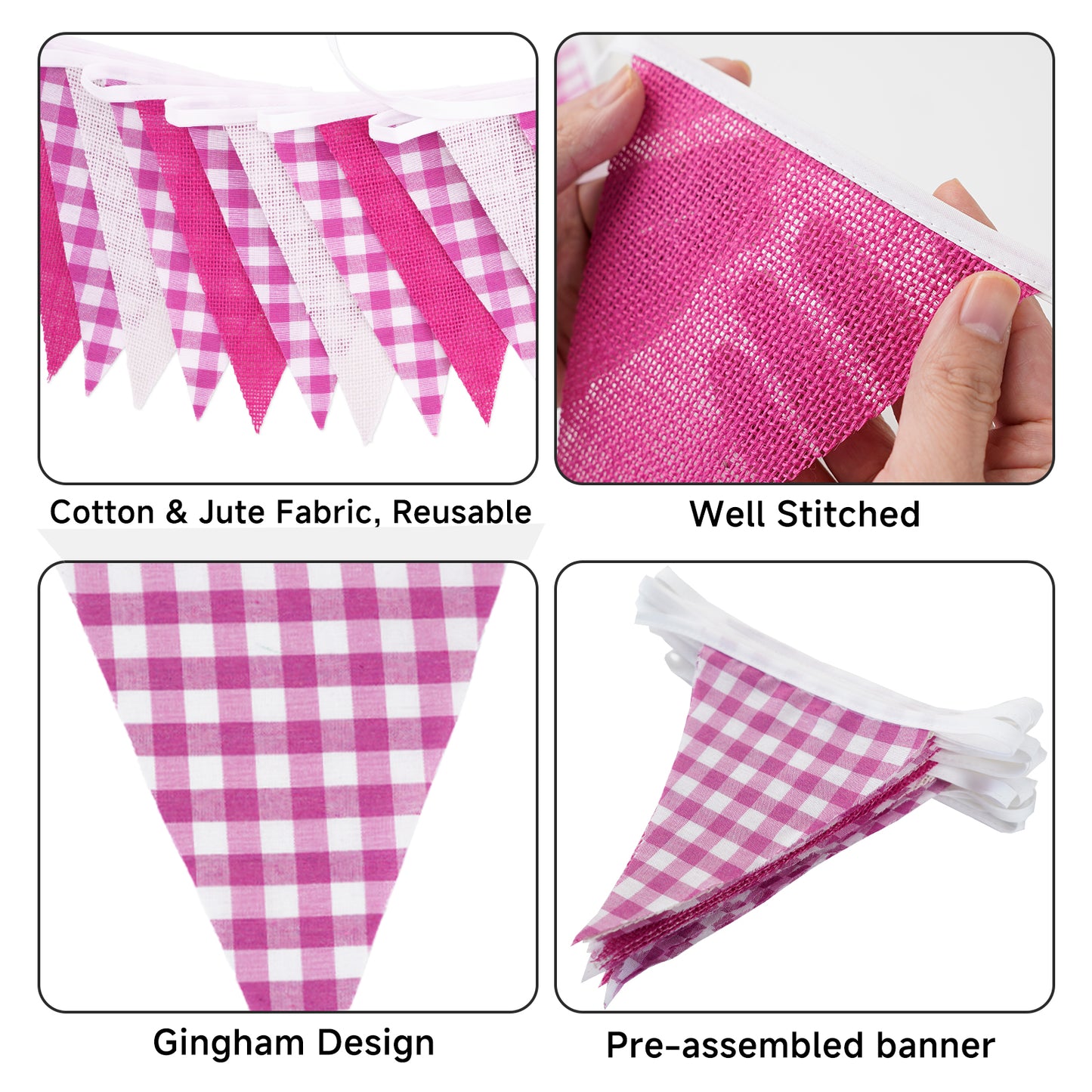 G2PLUS Pink and White Checkered Banner, 32Ft Pink Pennant Banner Garland, Party Decorations Triangular Bunting Garland for Baby Shower Girl, Birthday Party, Bridal Shower, Wedding Décor, Valentine’s Day & Outdoor Celebrations